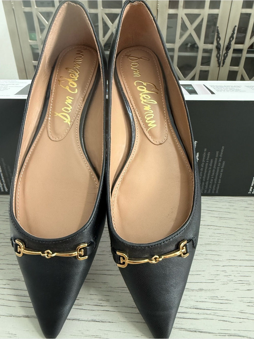 Sam Edelman Black Pointed Flats with Gold Bit Detail